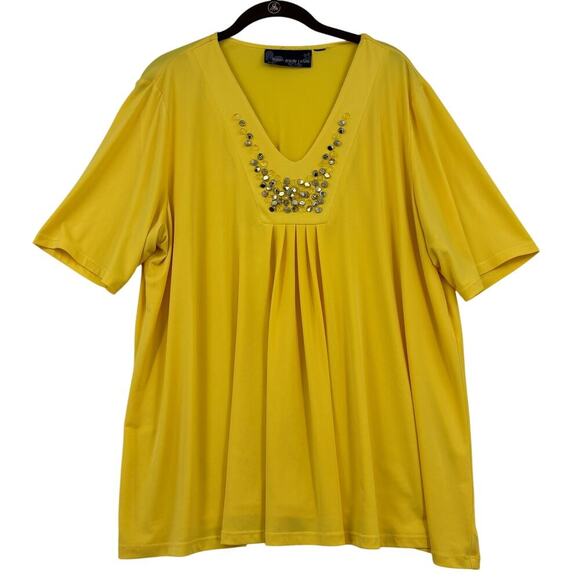 Susan Graver Liquid Knit Top Size 1X Yellow Embellished Deep V-Neck Stretch - Picture 1 of 7
